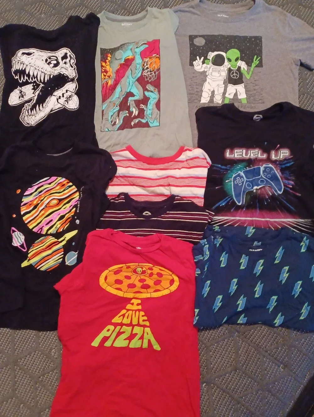 Size 10-12 Boy's T-Shirts lot of 9 Dinosaur stripes red black Old Navy +